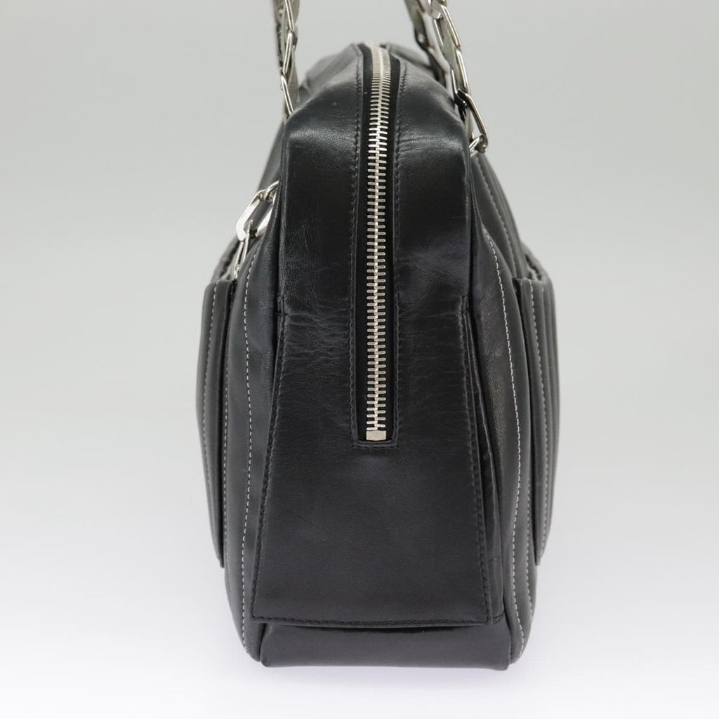 CHANEL Mademoiselle Chain Hand Bag Lamb Skin Silver Black CC bs19458