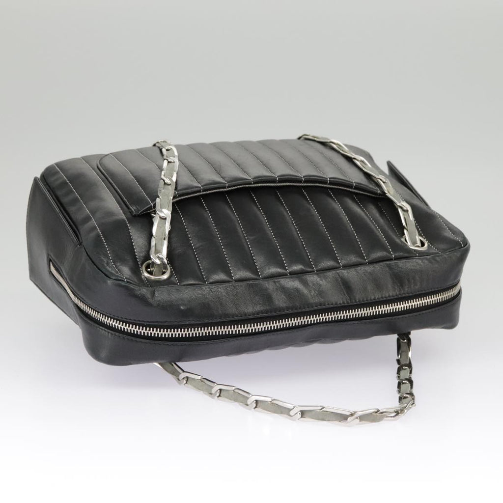 CHANEL Mademoiselle Chain Hand Bag Lamb Skin Silver Black CC bs19458