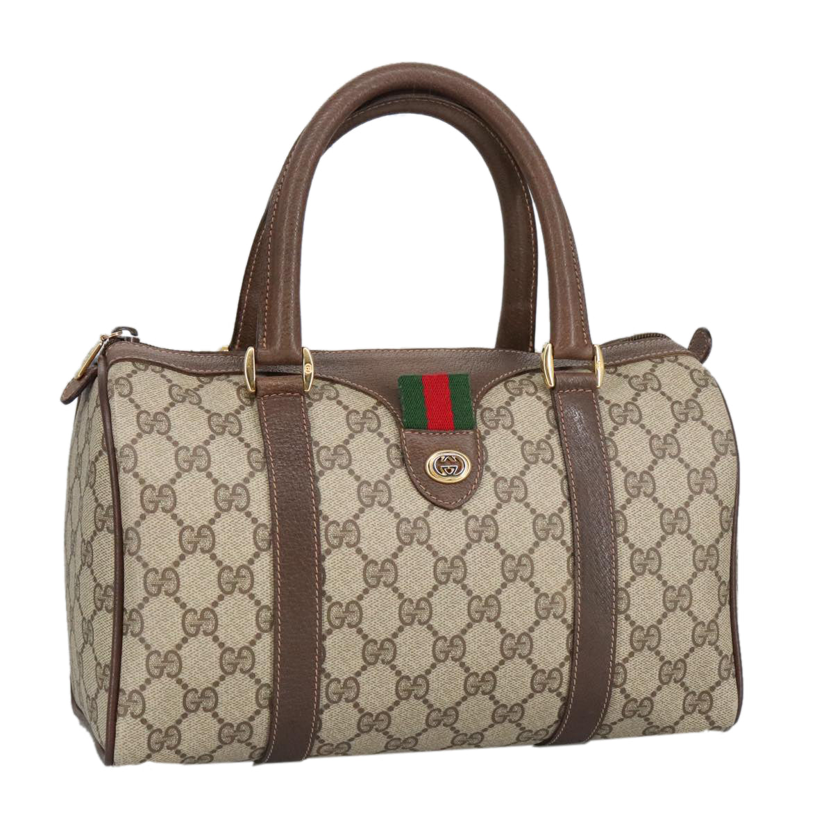 GUCCI GG Supreme Web Sherry Line Boston Bag PVC Beige 40 02 006 bs19577