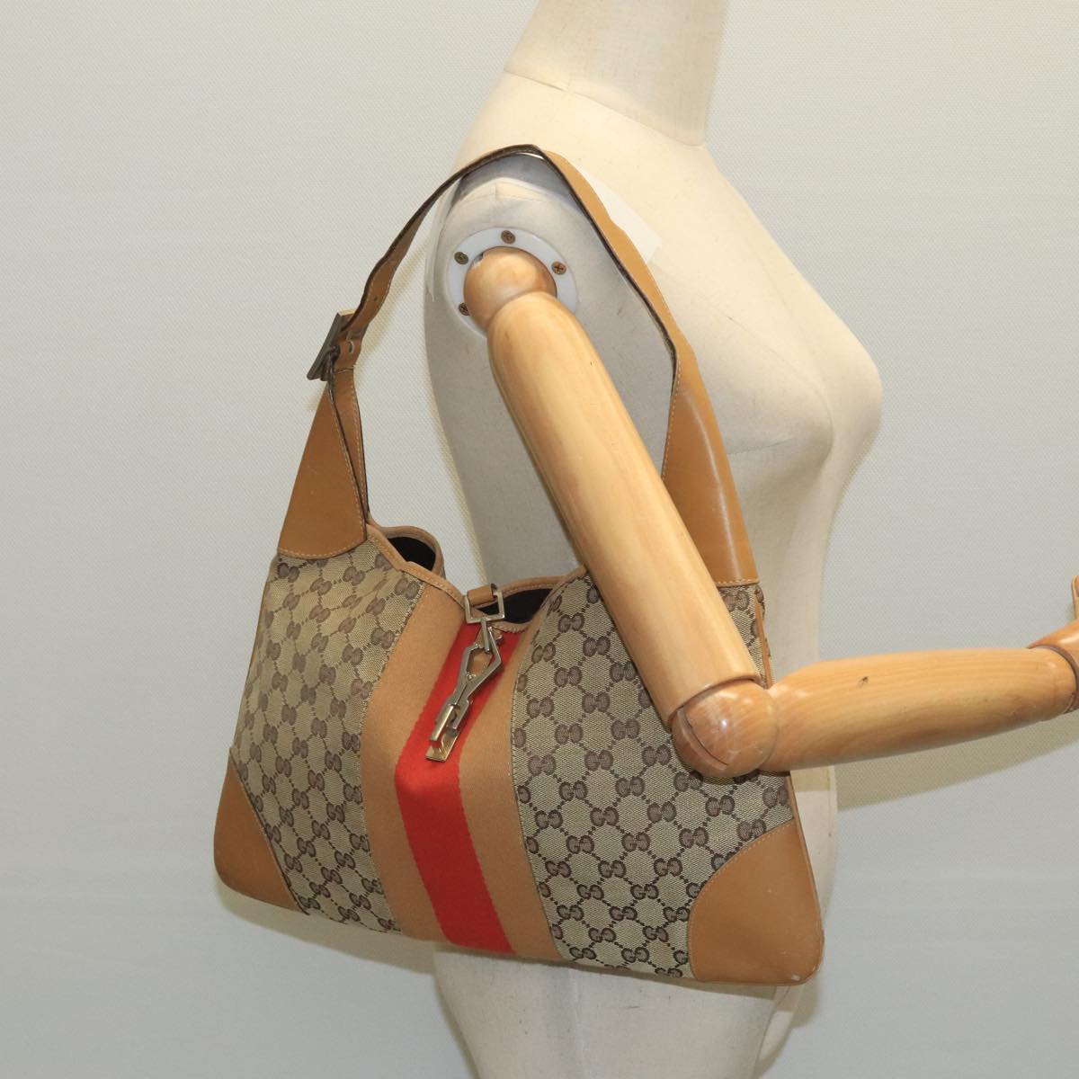 GUCCI GG Canvas Sherry Line Jackie Shoulder Bag Beige Red 001 4075 bs19585
