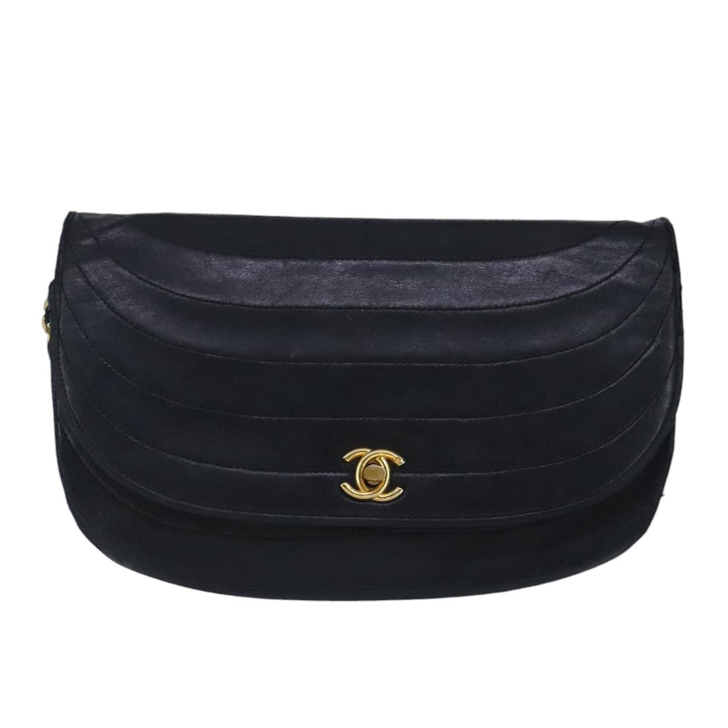 CHANEL Chain Shoulder Bag Lamb Skin Black Gold CC bs19645