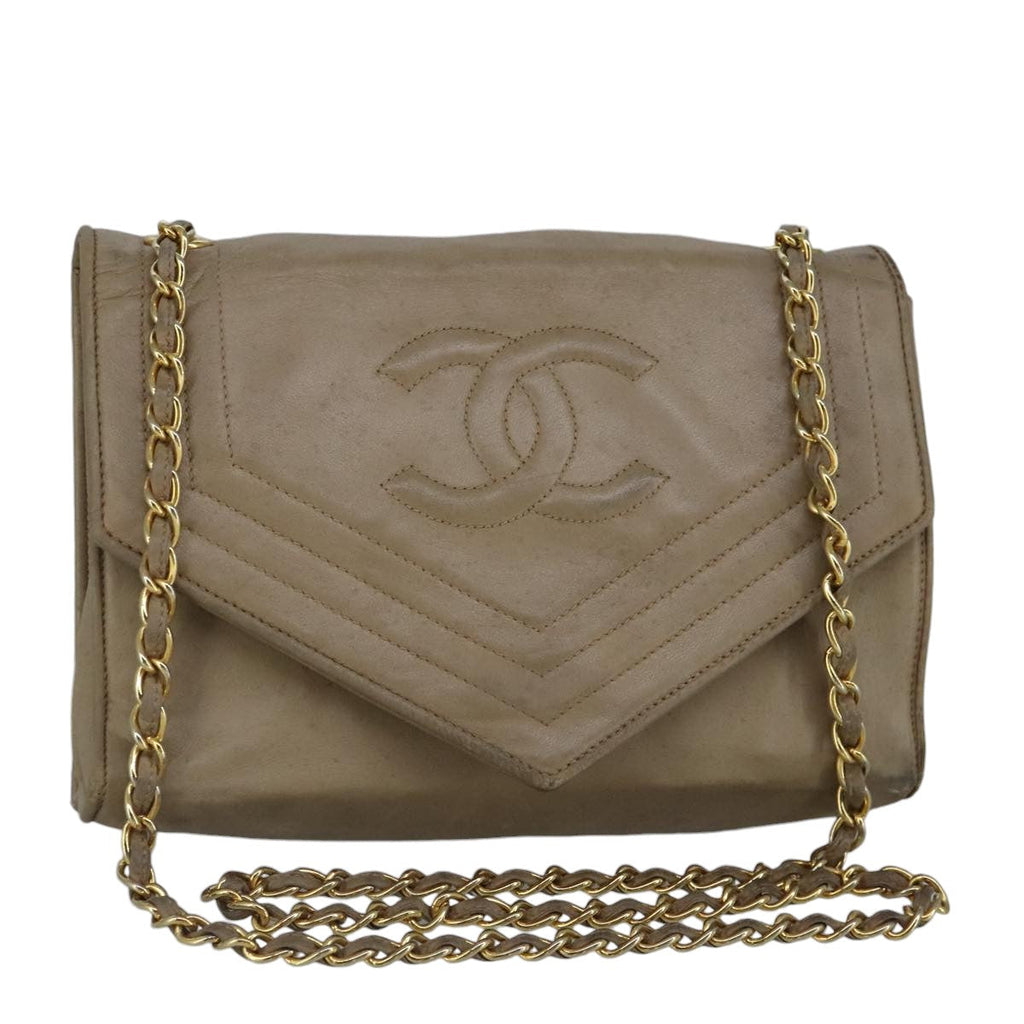 CHANEL Chain Shoulder Bag Lamb Skin Beige Gold CC bs19652