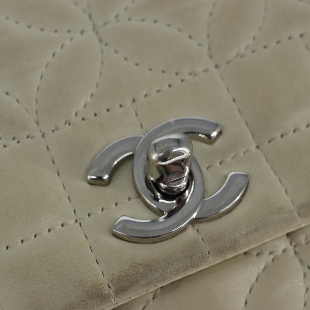 CHANEL Chain Flower Stitch Shoulder Bag Lamb Skin Beige Silver CC bs19654