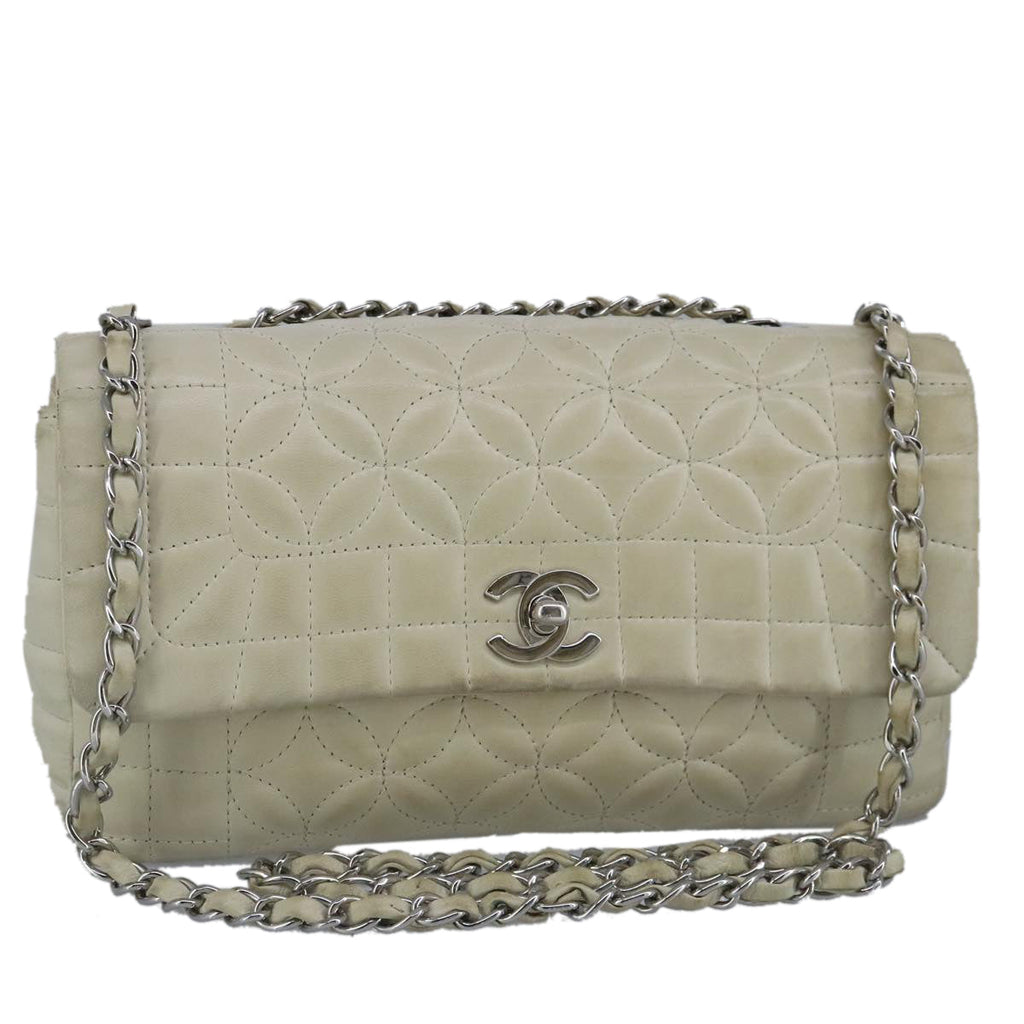 CHANEL Chain Flower Stitch Shoulder Bag Lamb Skin Beige Silver CC bs19654