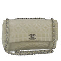 CHANEL Chain Flower Stitch Shoulder Bag Lamb Skin Beige Silver CC bs19654