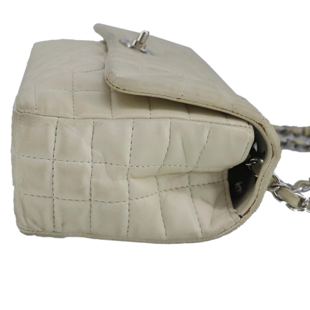 CHANEL Chain Flower Stitch Shoulder Bag Lamb Skin Beige Silver CC bs19654