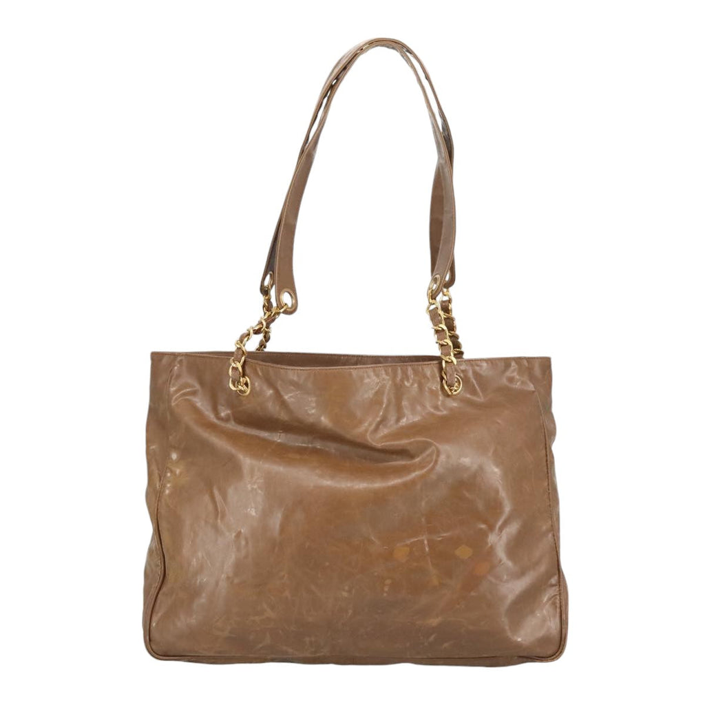 CHANEL Chain Tote Bag Patent leather Gold Brown CC bs19657