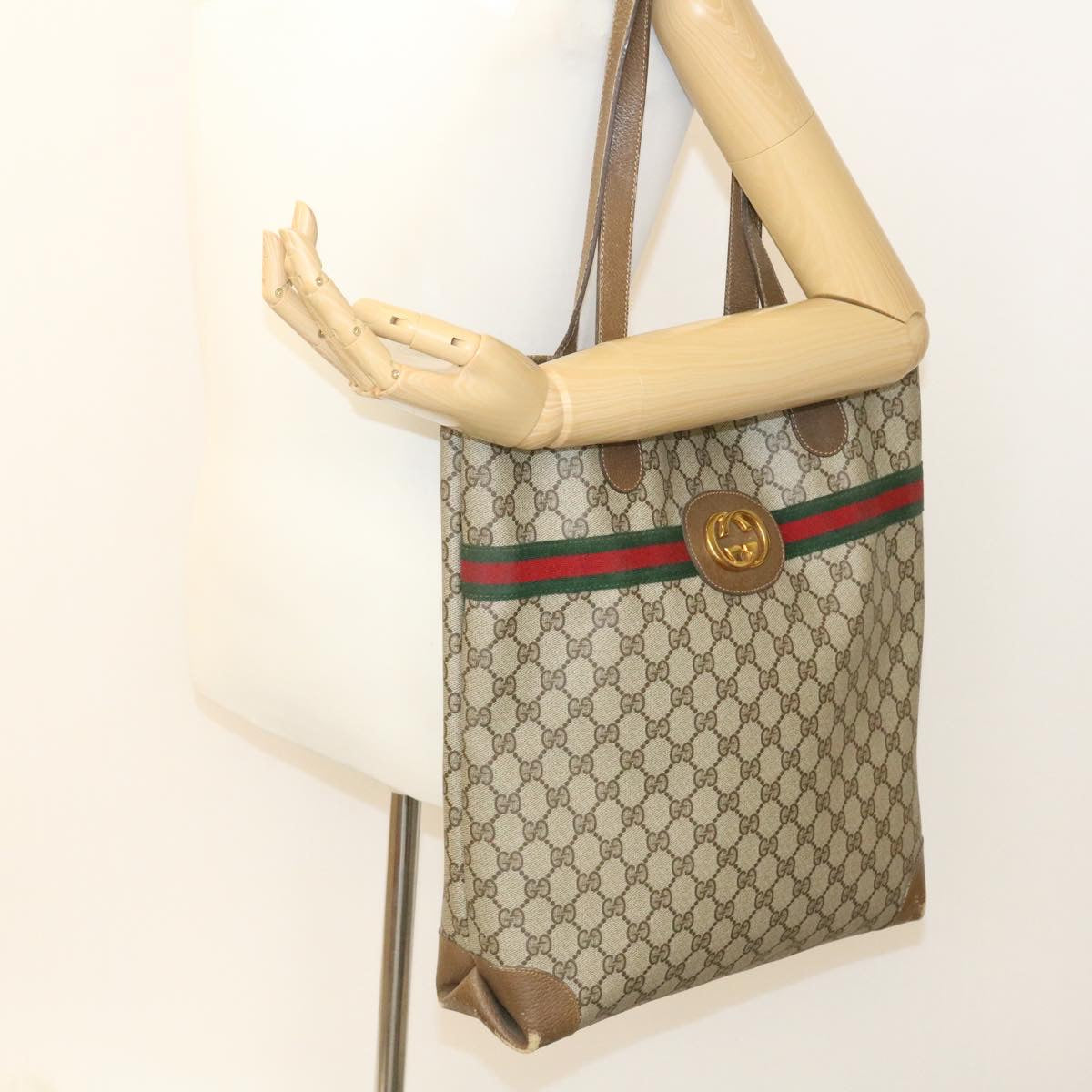 GUCCI Web Sherry Line GG Canvas Tote Bag Beige Red Green bs199
