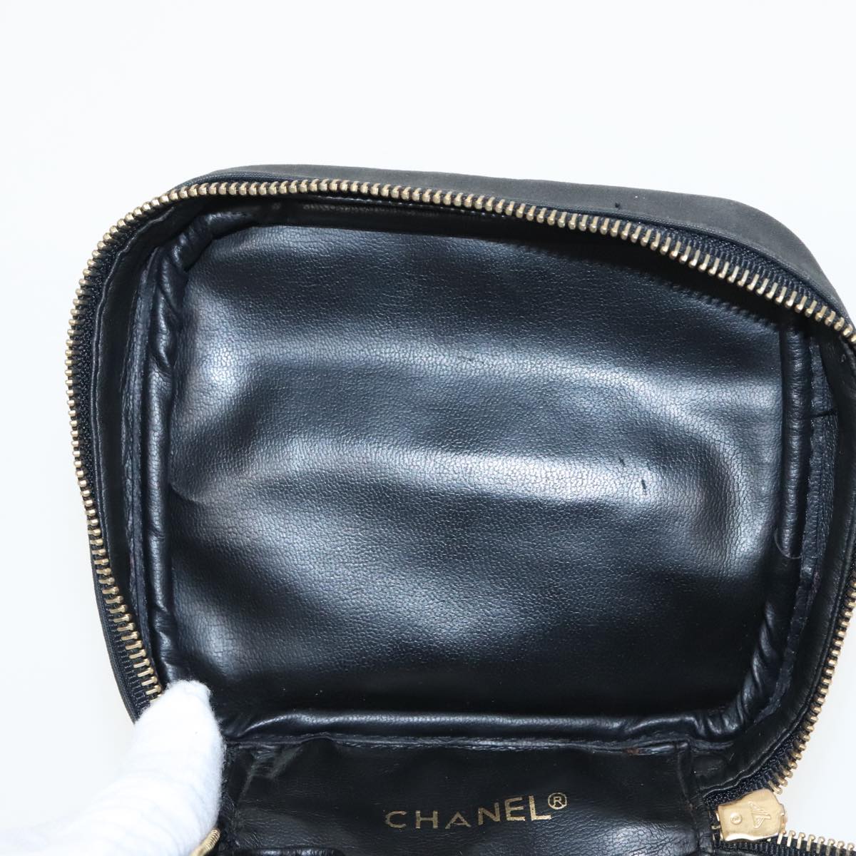 CHANEL Bicolore Vanity Cosmetic Pouch Canvas Leather Black Gold CC bs20025