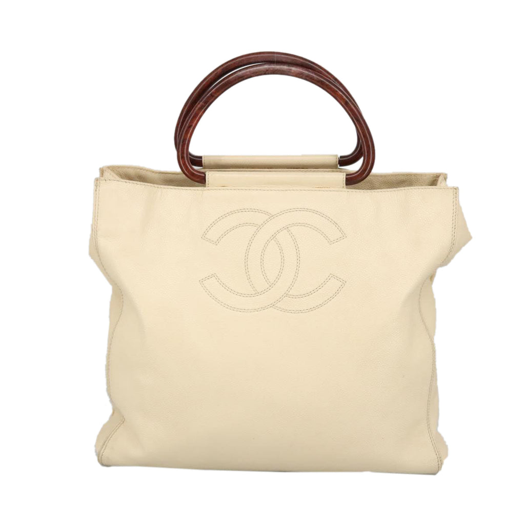 CHANEL Wood Hand Bag Caviar Skin Beige Brown Gold CC bs20161