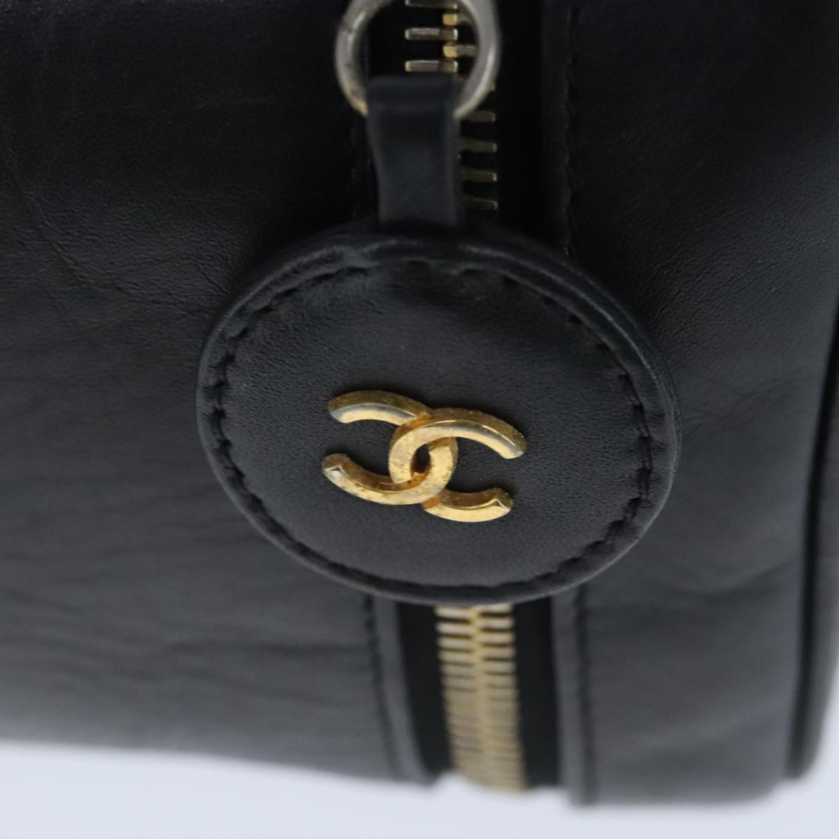 CHANEL Vanity Cosmetic Pouch Calfskin Black Gold CC bs20307
