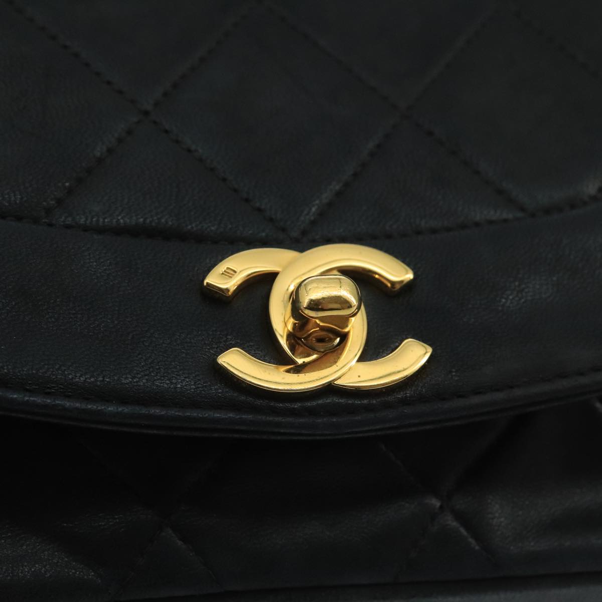 CHANEL Diana Matelasse Chain Shoulder Bag Lamb Skin Black Gold CC bs20390