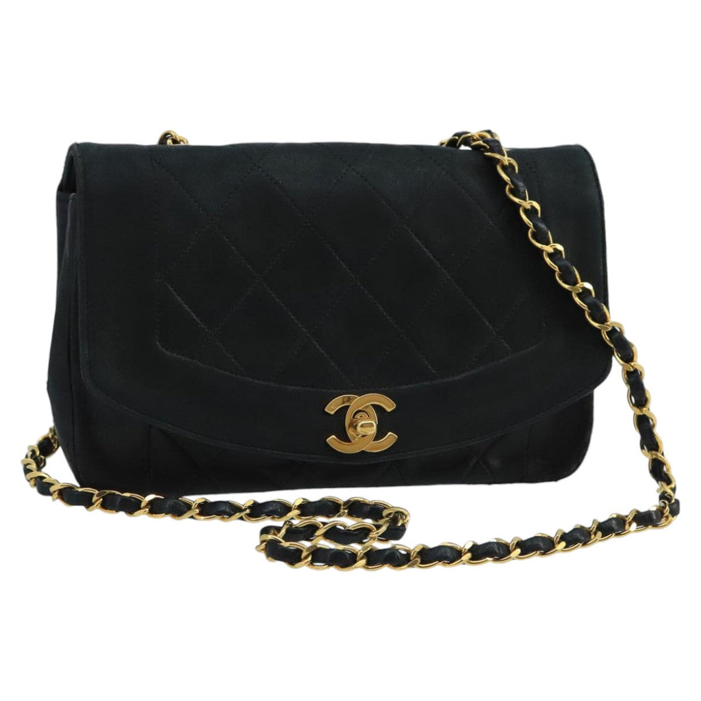 CHANEL Diana Matelasse Chain Shoulder Bag Lamb Skin Black Gold CC bs20390