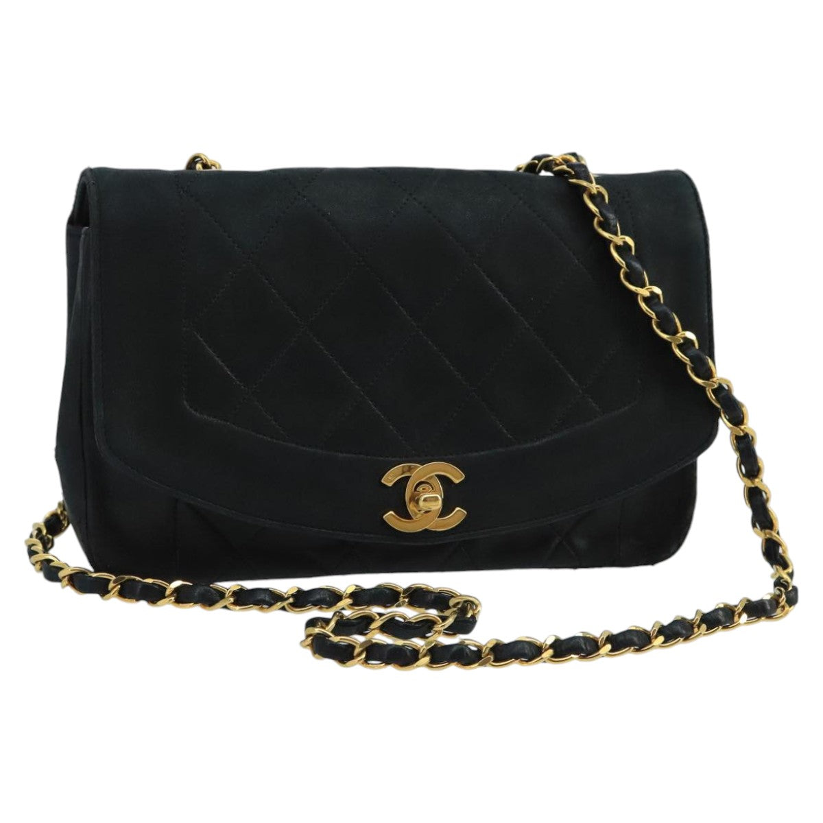 CHANEL Diana Matelasse Chain Shoulder Bag Lamb Skin Black Gold CC bs20390