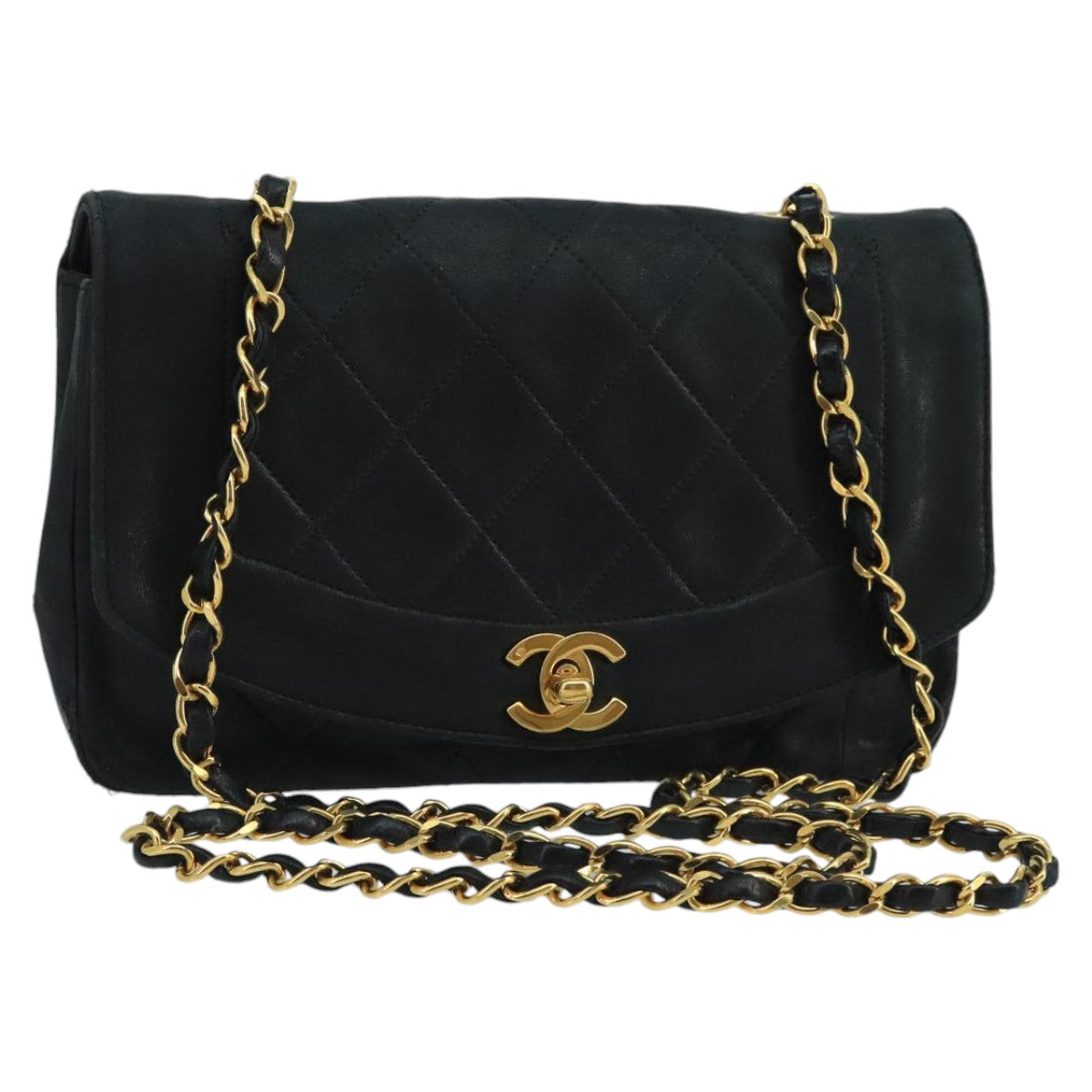 CHANEL Diana Matelasse Chain Shoulder Bag Lamb Skin Black Gold CC bs20390