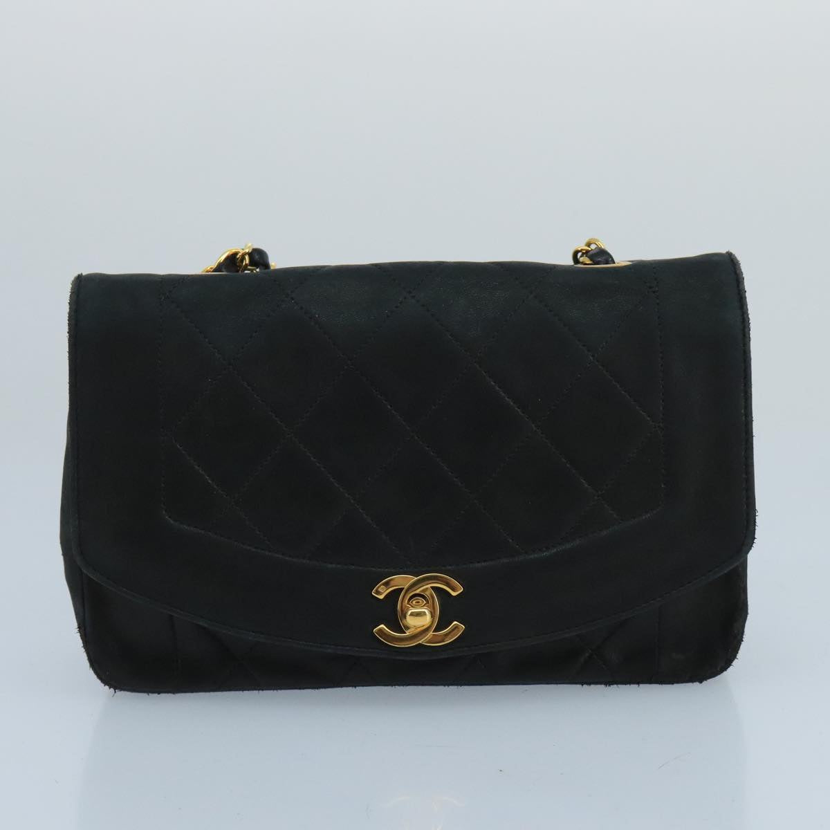 CHANEL Diana Matelasse Chain Shoulder Bag Lamb Skin Black Gold CC bs20390