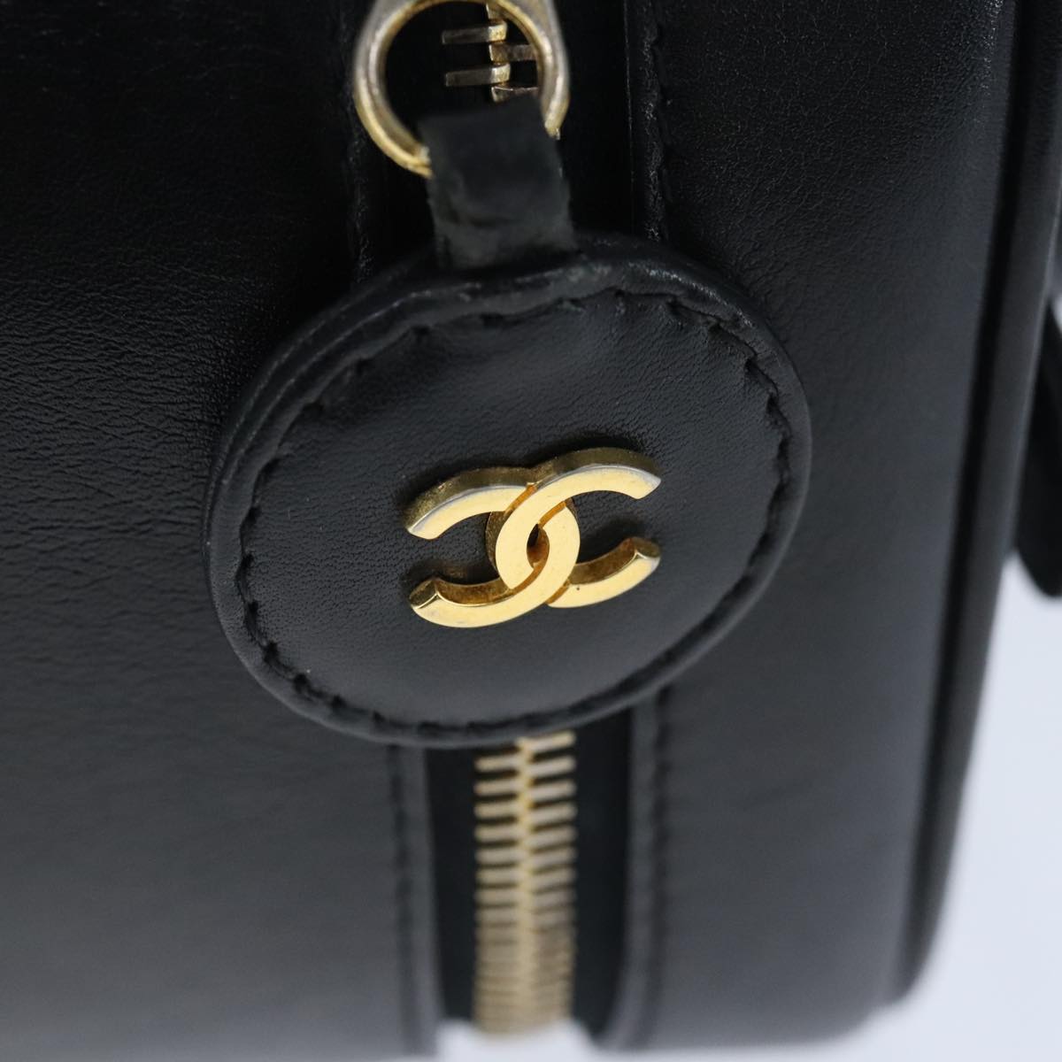 CHANEL Bicolore Vanity Cosmetic Pouch Leather Black Gold CC bs20395