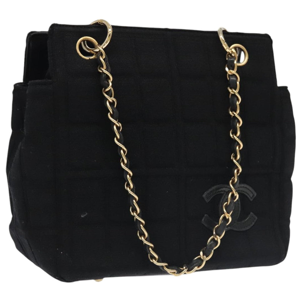 CHANEL Choco Bar Chain Hand Bag Cotton Black CC bs20540