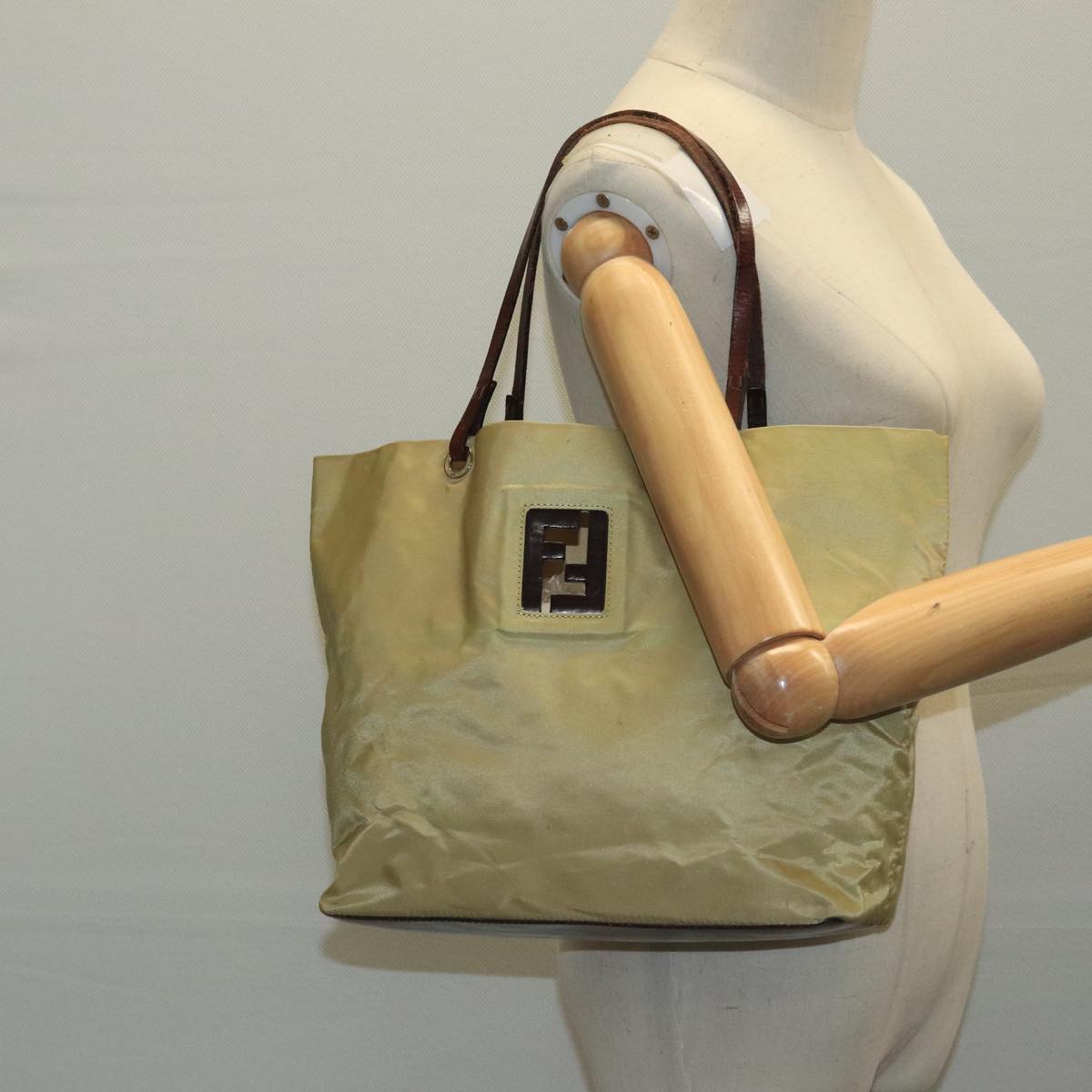 FENDI Tote Bag Nylon Leather Beige Brown Silver bs20576