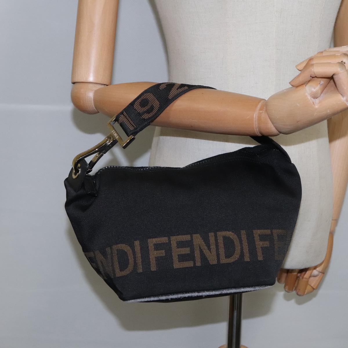 FENDI Hand Bag Nylon Black Brown Silver bs20578