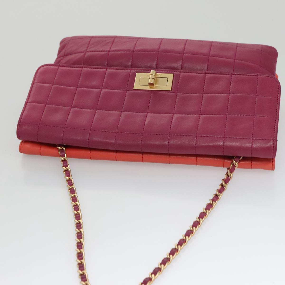 CHANEL Choco Bar Chain Hand Bag Lamb Skin Purple Pink CC bs20703