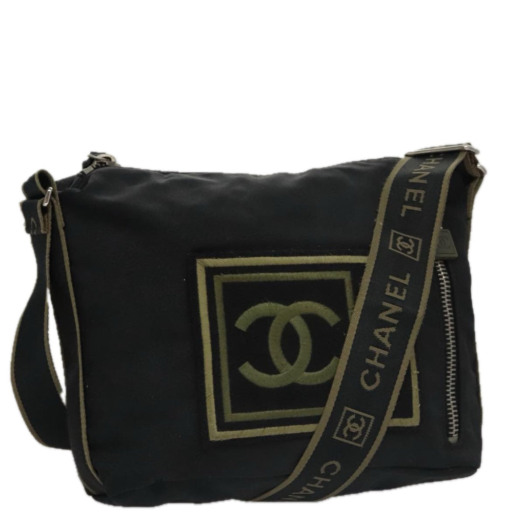 CHANEL Sports Shoulder Bag Nylon Black Khaki Silver CC bs20802