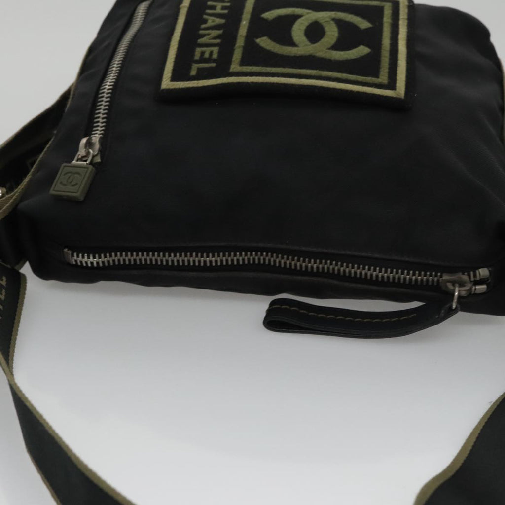 CHANEL Sports Shoulder Bag Nylon Black Khaki Silver CC bs20802