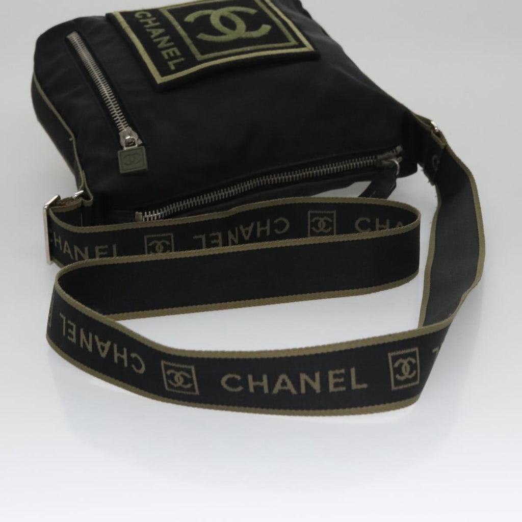 CHANEL Sports Shoulder Bag Nylon Black Khaki Silver CC bs20802