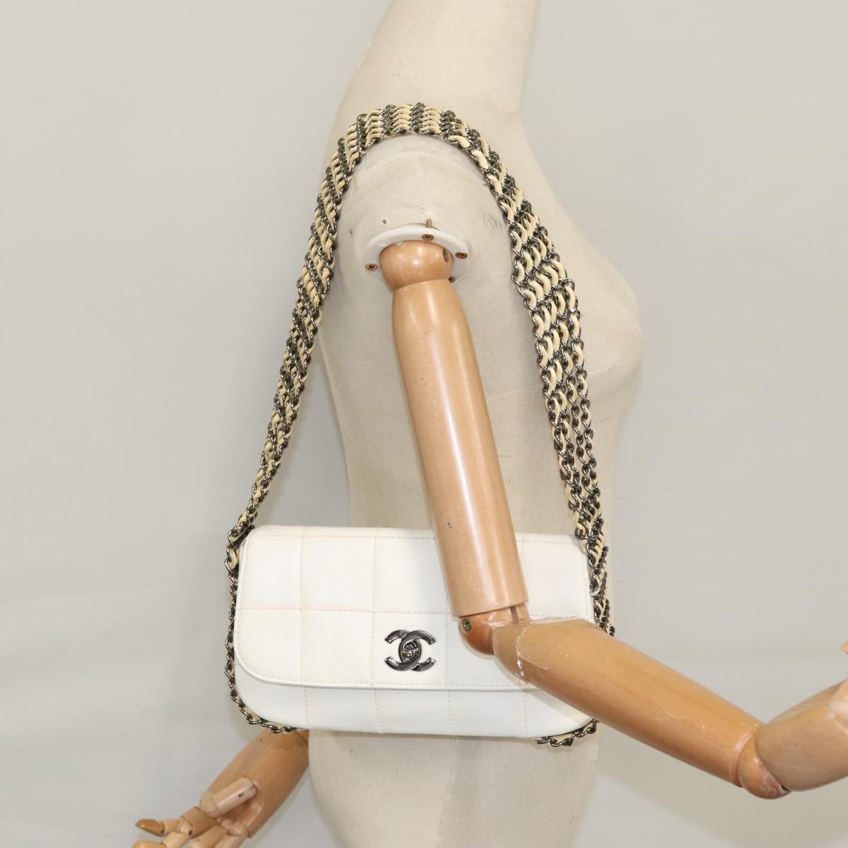 CHANEL Choco Bar Chain Shoulder Bag Patent Leather Pink Gold CC bs20803