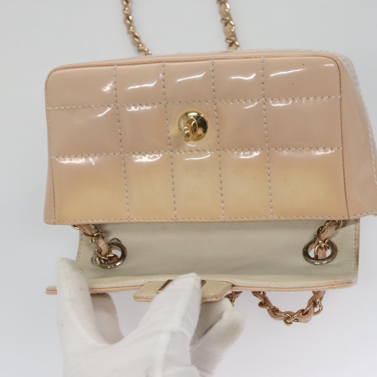 CHANEL Choco Bar Chain Shoulder Bag Patent Leather Pink Gold CC bs20804