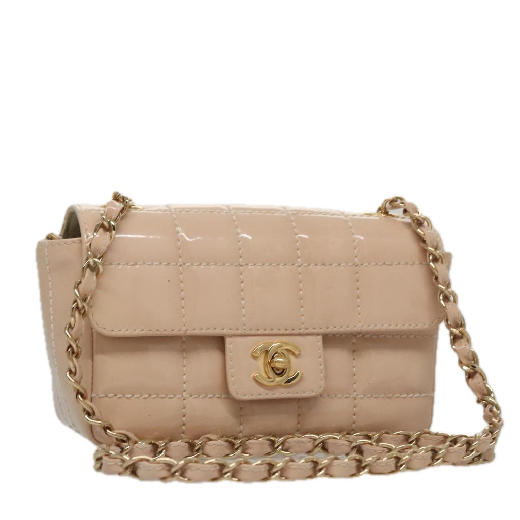 CHANEL Choco Bar Chain Shoulder Bag Patent Leather Pink Gold CC bs20804