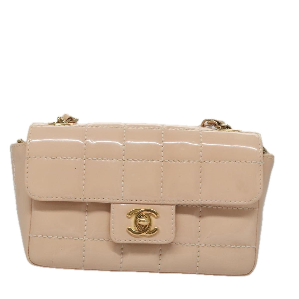 CHANEL Choco Bar Chain Shoulder Bag Patent Leather Pink Gold CC bs20804