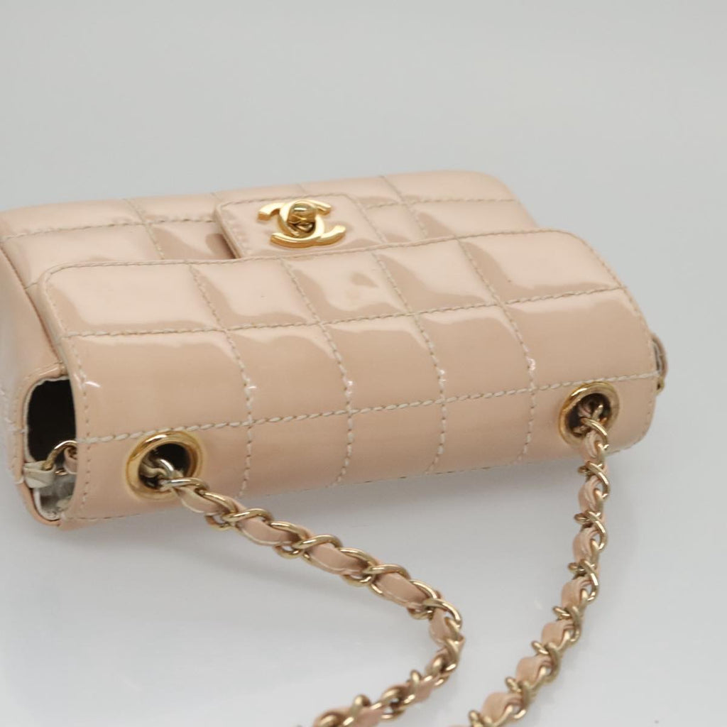 CHANEL Choco Bar Chain Shoulder Bag Patent Leather Pink Gold CC bs20804