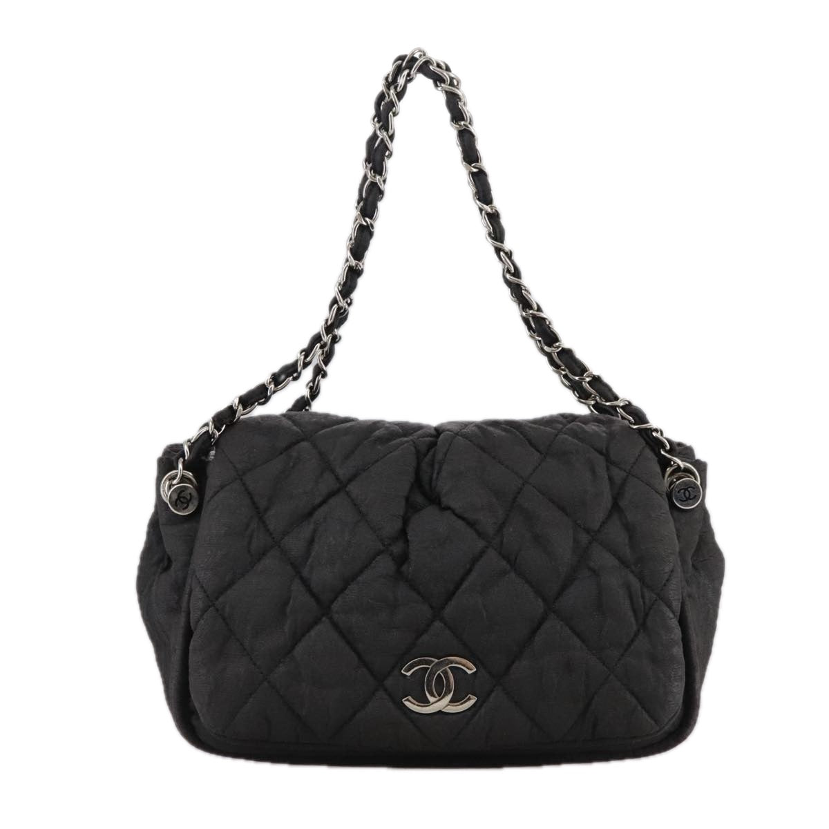 CHANEL Matelasse Chain Hand Bag Coated Canvas Black Silver CC bs20902