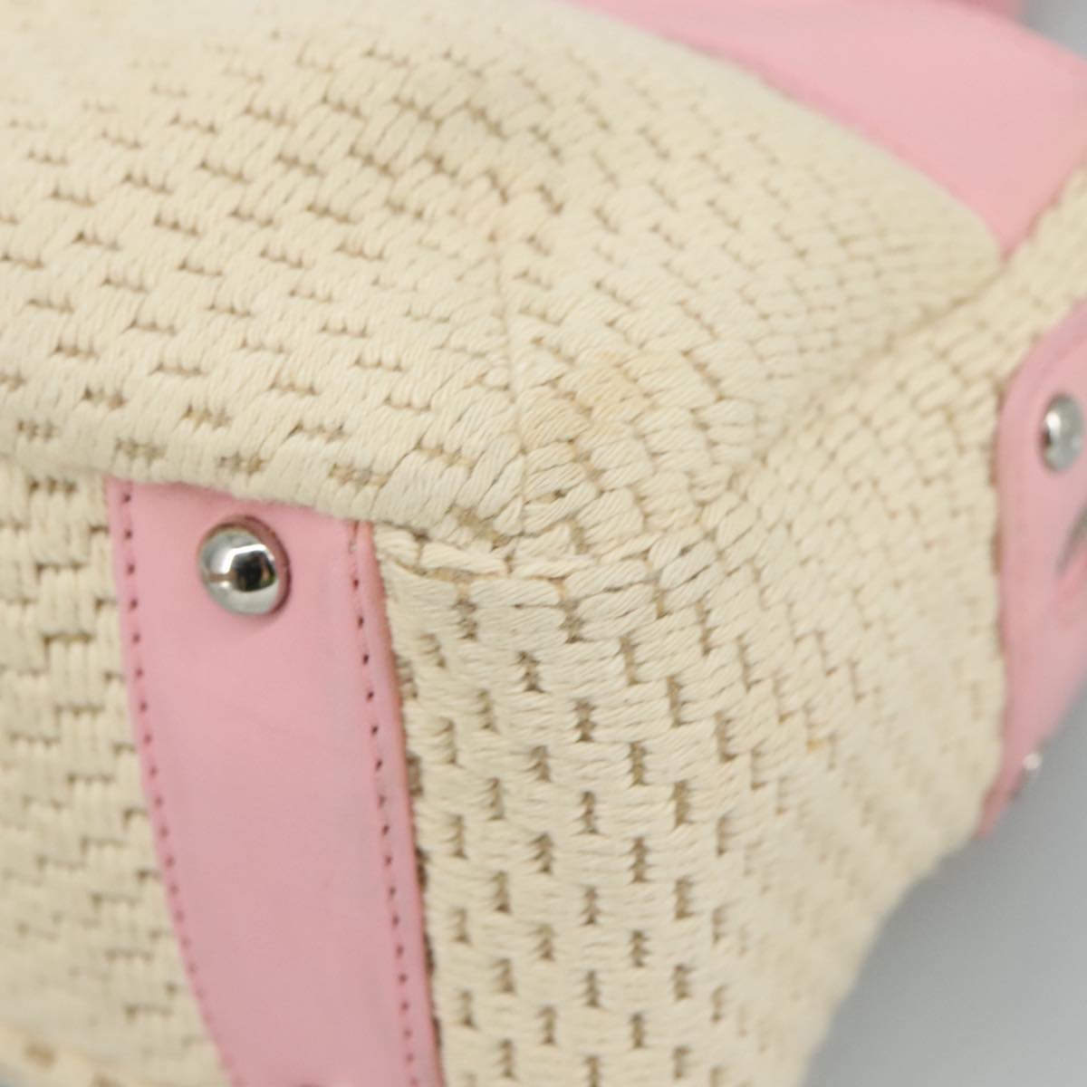 CHANEL Hand Bag Cotton Leather Pink Beige Silver CC bs20916
