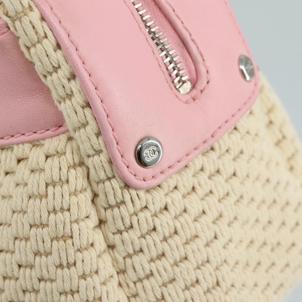 CHANEL Hand Bag Cotton Leather Pink Beige Silver CC bs20916