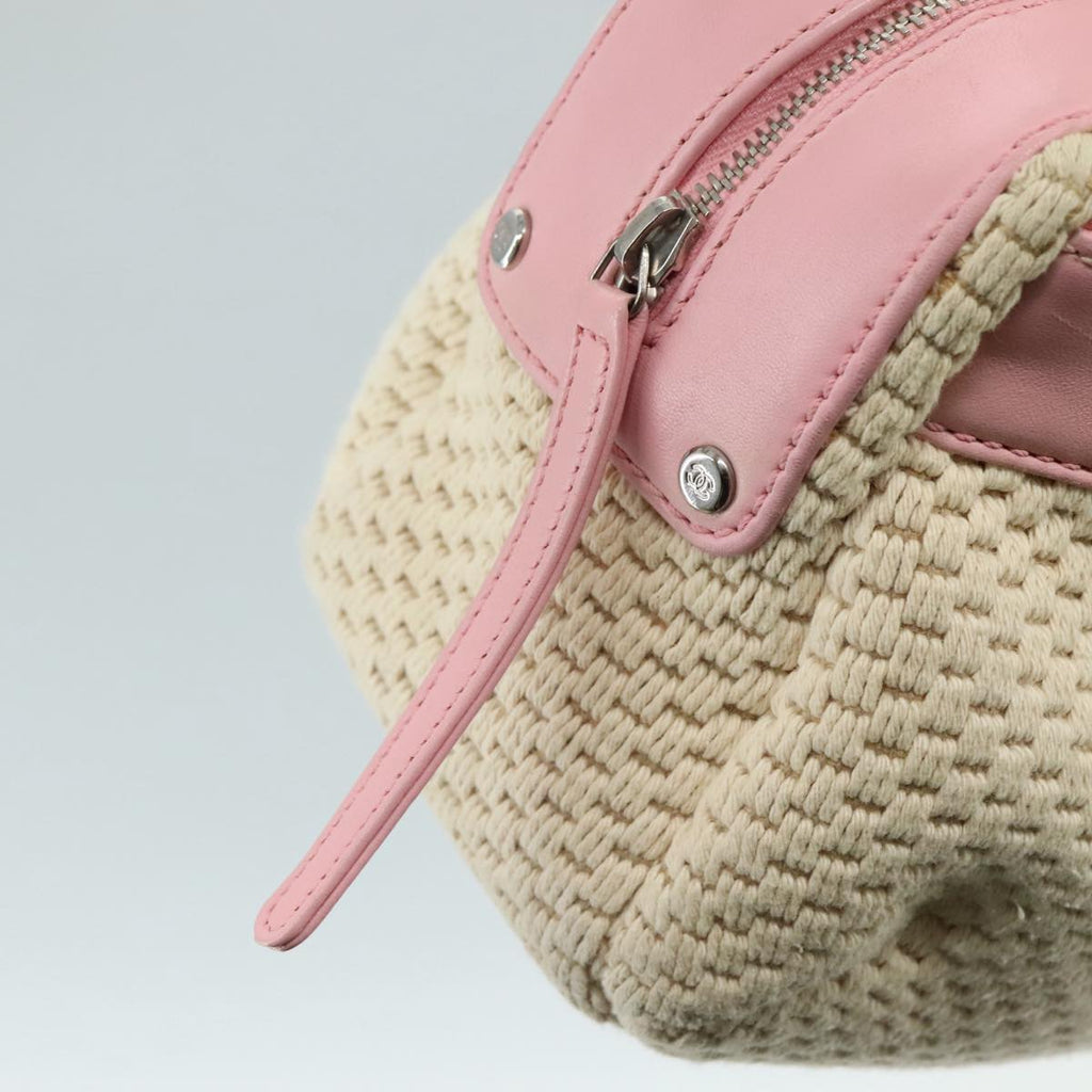 CHANEL Hand Bag Cotton Leather Pink Beige Silver CC bs20916