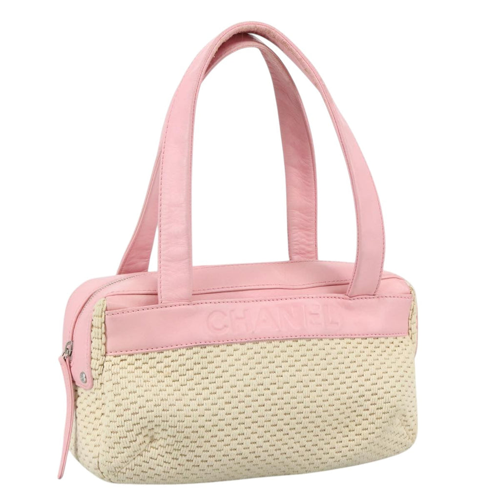 CHANEL Hand Bag Cotton Leather Pink Beige Silver CC bs20916