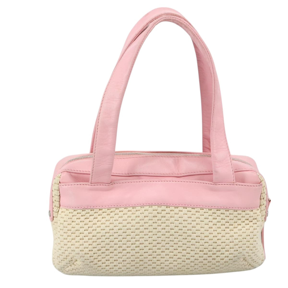 CHANEL Hand Bag Cotton Leather Pink Beige Silver CC bs20916