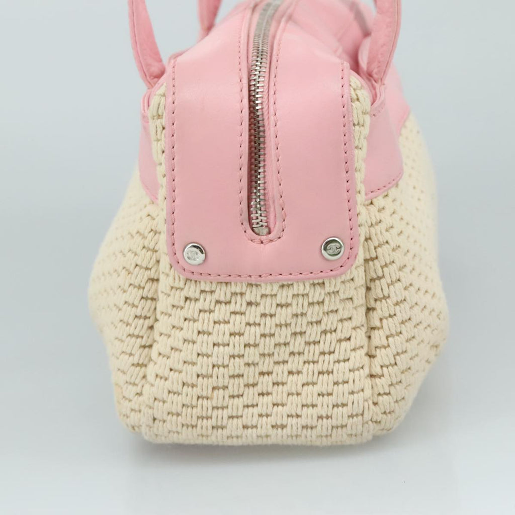 CHANEL Hand Bag Cotton Leather Pink Beige Silver CC bs20916