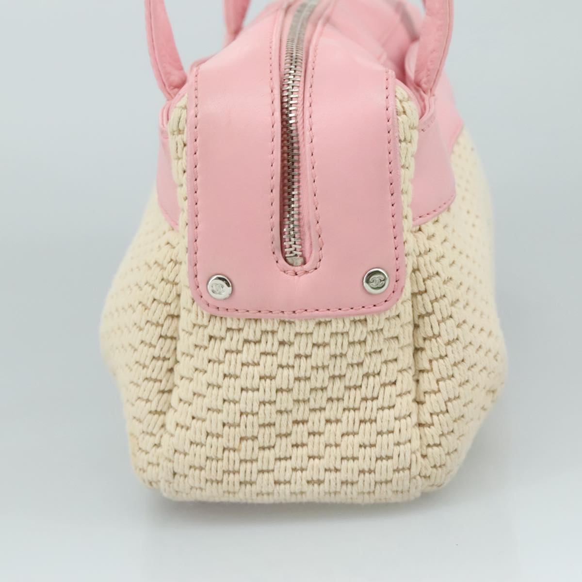 CHANEL Hand Bag Cotton Leather Pink Beige Silver CC bs20916