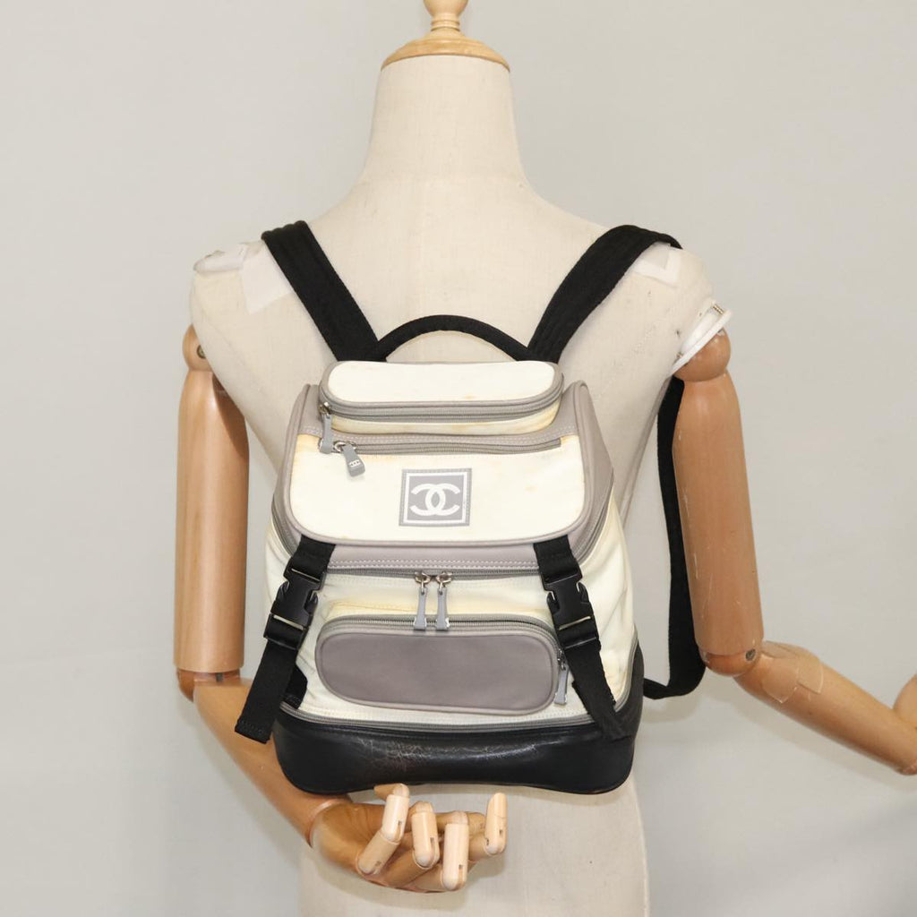 CHANEL Sports Backpack Nylon Leather White Gray Silver CC bs20919