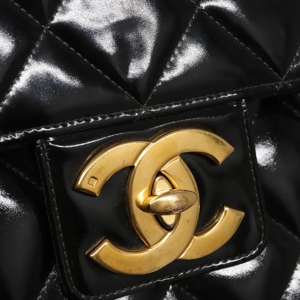 CHANEL Matelasse Hand Bag Enamel Black Gold CC bs20920