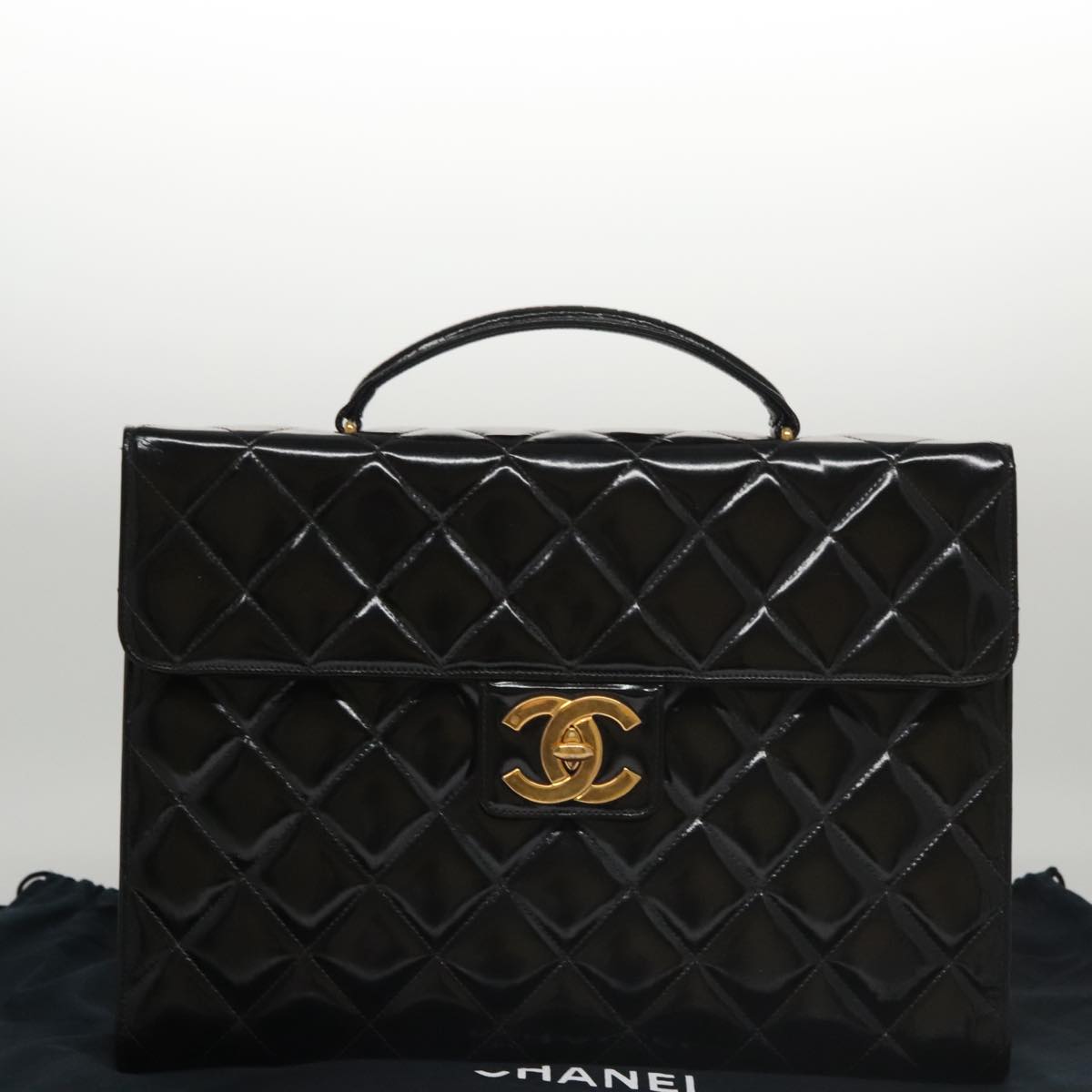 CHANEL Matelasse Hand Bag Enamel Black Gold CC bs20920