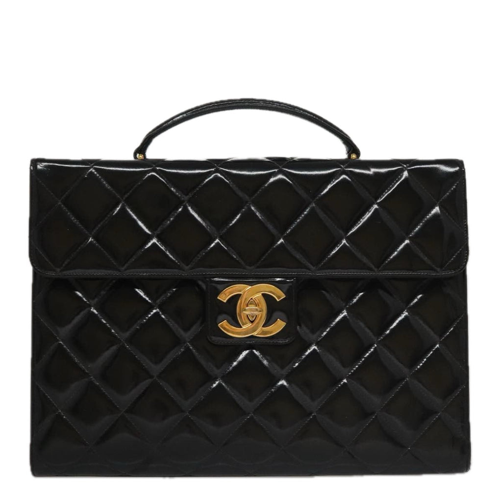 CHANEL Matelasse Hand Bag Enamel Black Gold CC bs20920