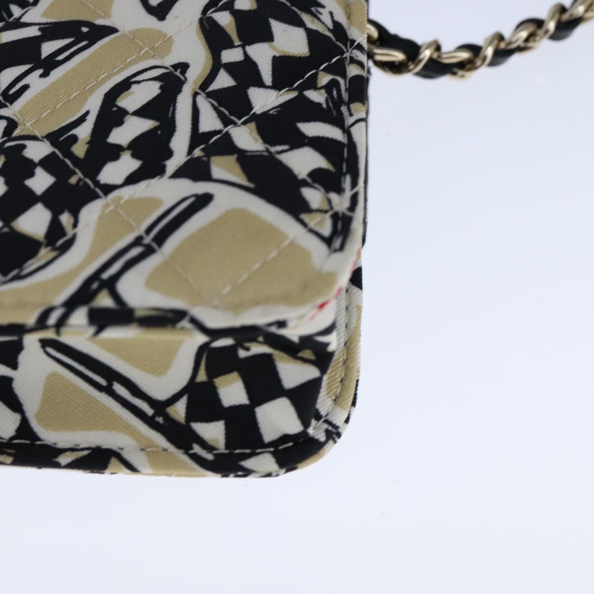 CHANEL Chain Matelasse Checkered Flag Shoulder Bag Canvas Beige CC bs21030A