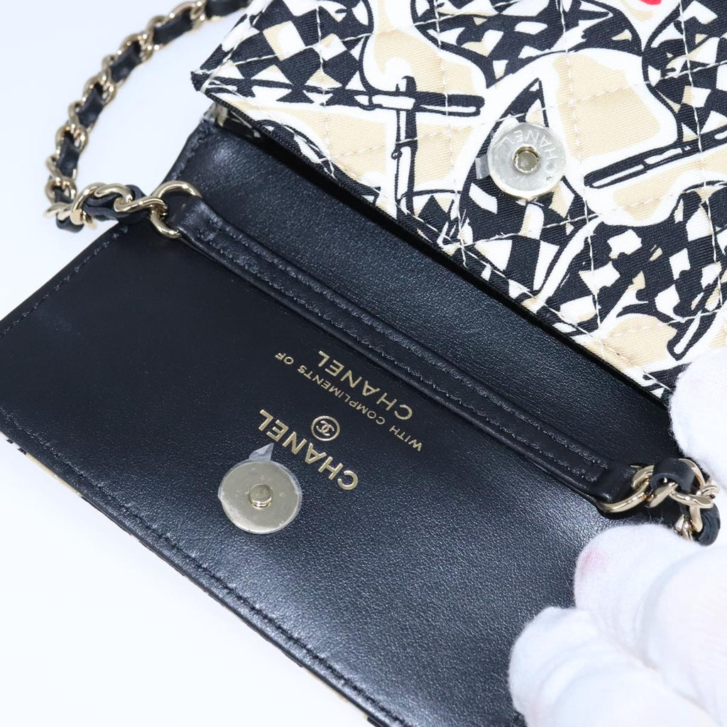 CHANEL Chain Matelasse Checkered Flag Shoulder Bag Canvas Beige CC bs21030A