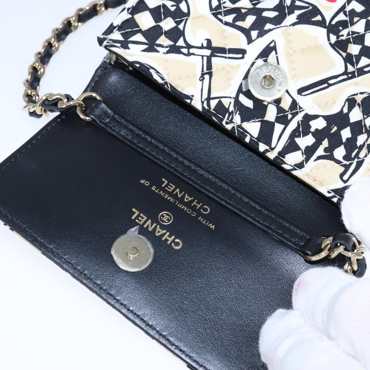CHANEL Chain Matelasse Checkered Flag Shoulder Bag Canvas Beige CC bs21030A
