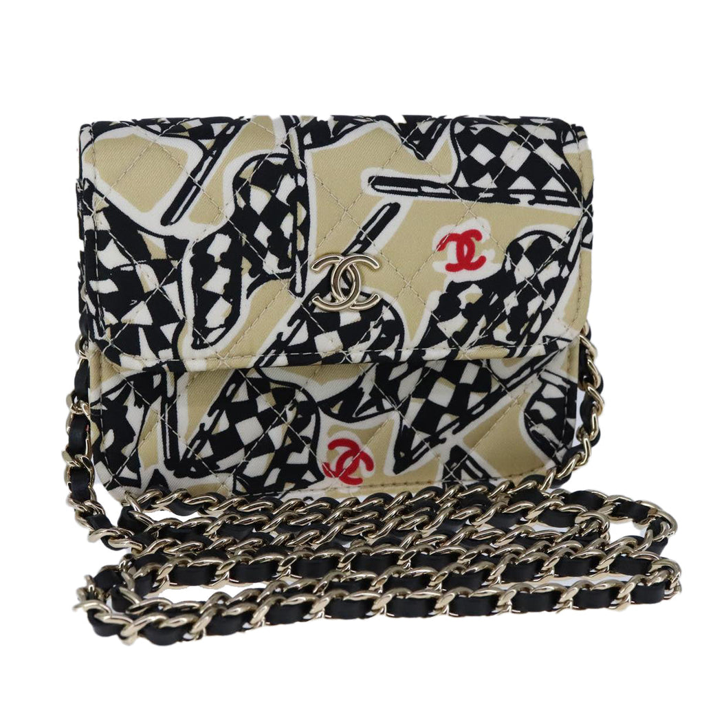 CHANEL Chain Matelasse Checkered Flag Shoulder Bag Canvas Beige CC bs21030A