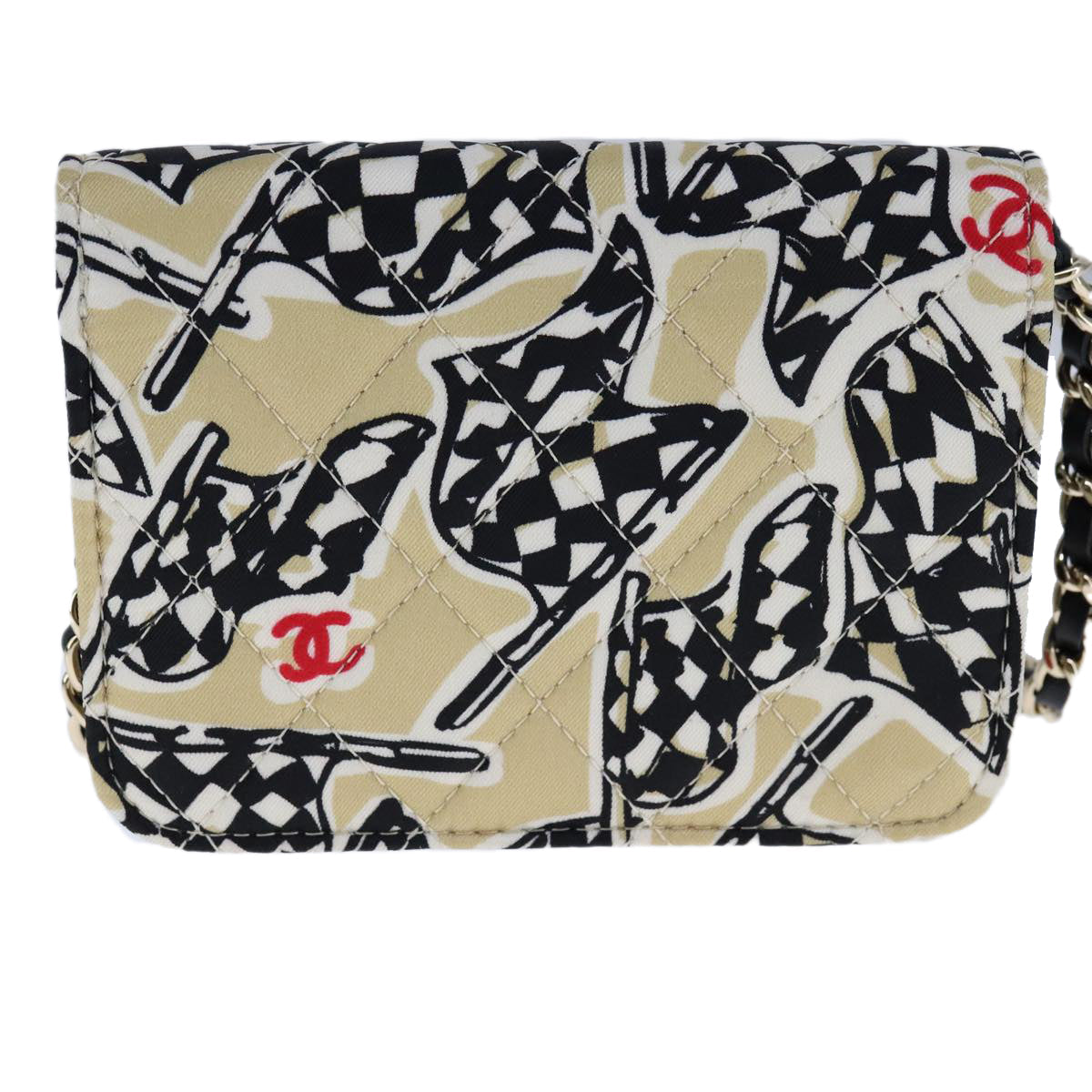 CHANEL Chain Matelasse Checkered Flag Shoulder Bag Canvas Beige CC bs21030A